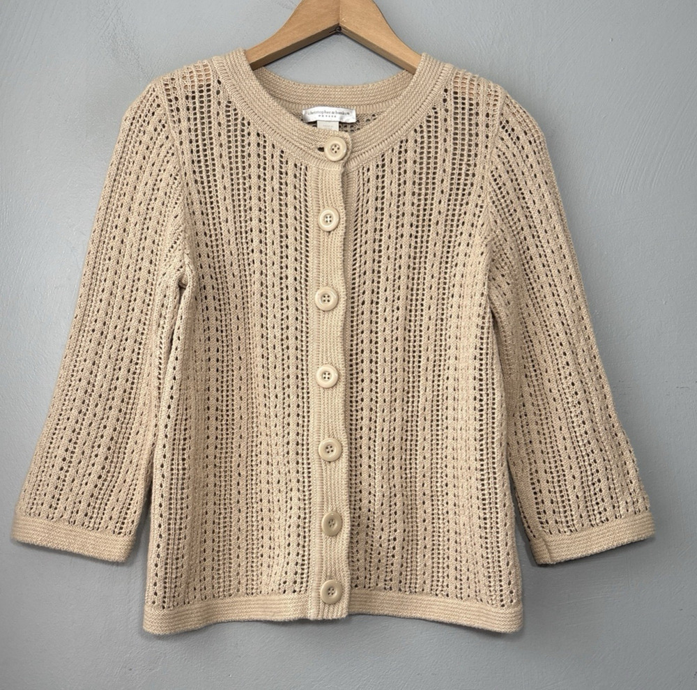 Crochet Open Knit Cardigan Petite Size Small Tan Beige Boho Cottagecore Sweater